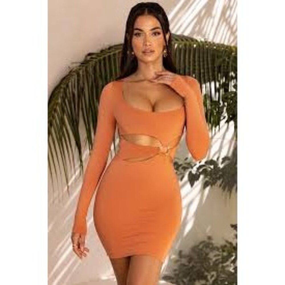 Oh Polly Orange Long Sleeve Cutout Mini Dress